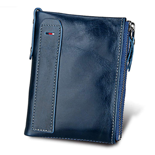 Men's Retro Folding Wallet | RFID Blocking Double Zip Coin Purse