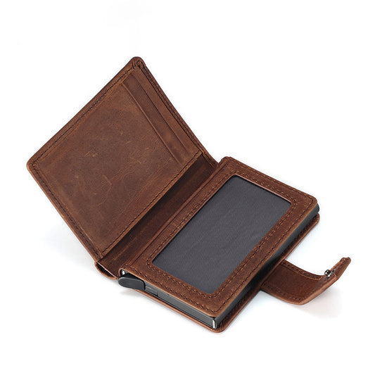 Automatic Pop-Up RFID Leather Card Holder – Business Minimalist Vintage Short Men's Wallet